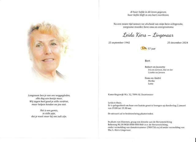 Overlijdenskaart Leida Kiers